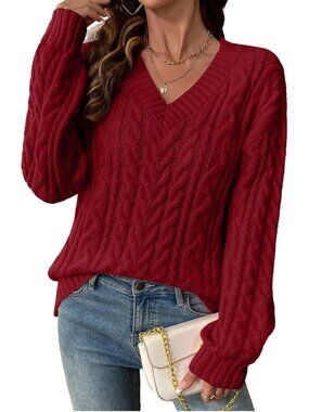 Women's Red Stylish Lightweight V Neck Cable Knit Sweater Fall Outfits Sweaters